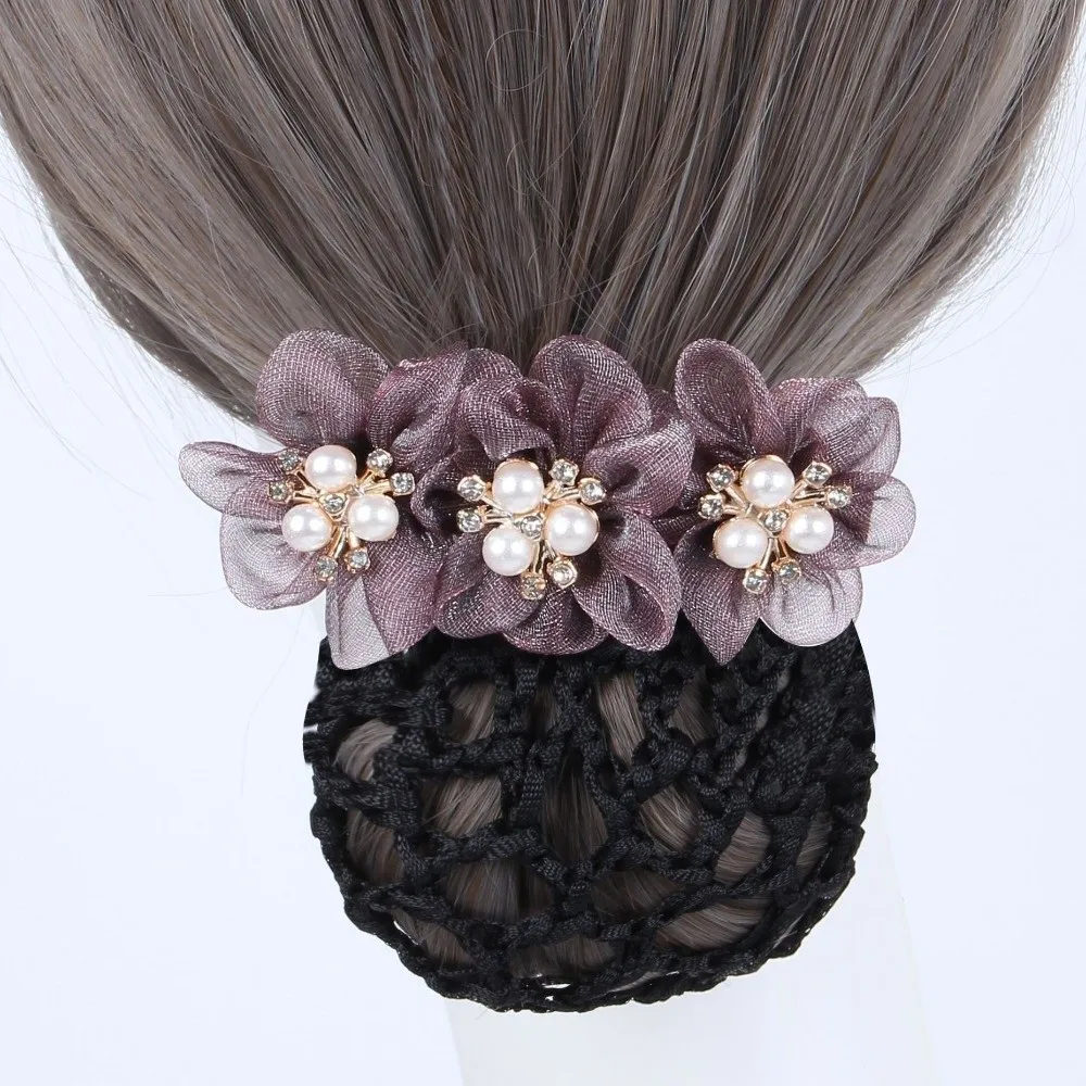 Delicate Imitation Pearl Delicate Flower Hair Net Cloth Dual-Use Cover Net Spring Clips Colorful Ornament Hair Accessories Nurse