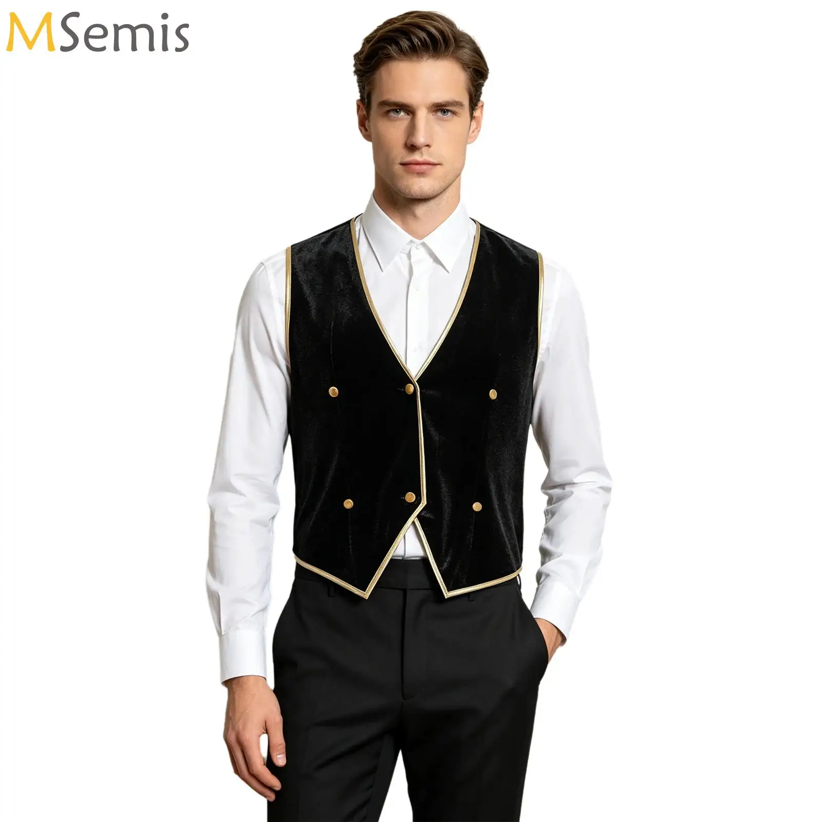 Adults Men Retro Medieval Velvet Tailcoat Vest Metallic Shiny Trims V Neck Button-down Blazer Waistcoat for Halloween Cocktail
