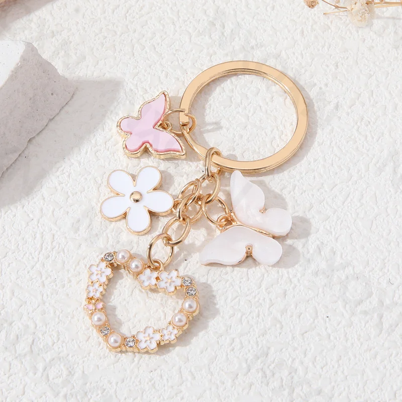 Heart Flowers Pretty Butterfly Enamel Keychain Plant Flying Insect Key Ring For Women Girl Friendship Gift Handmade Jewelry Set