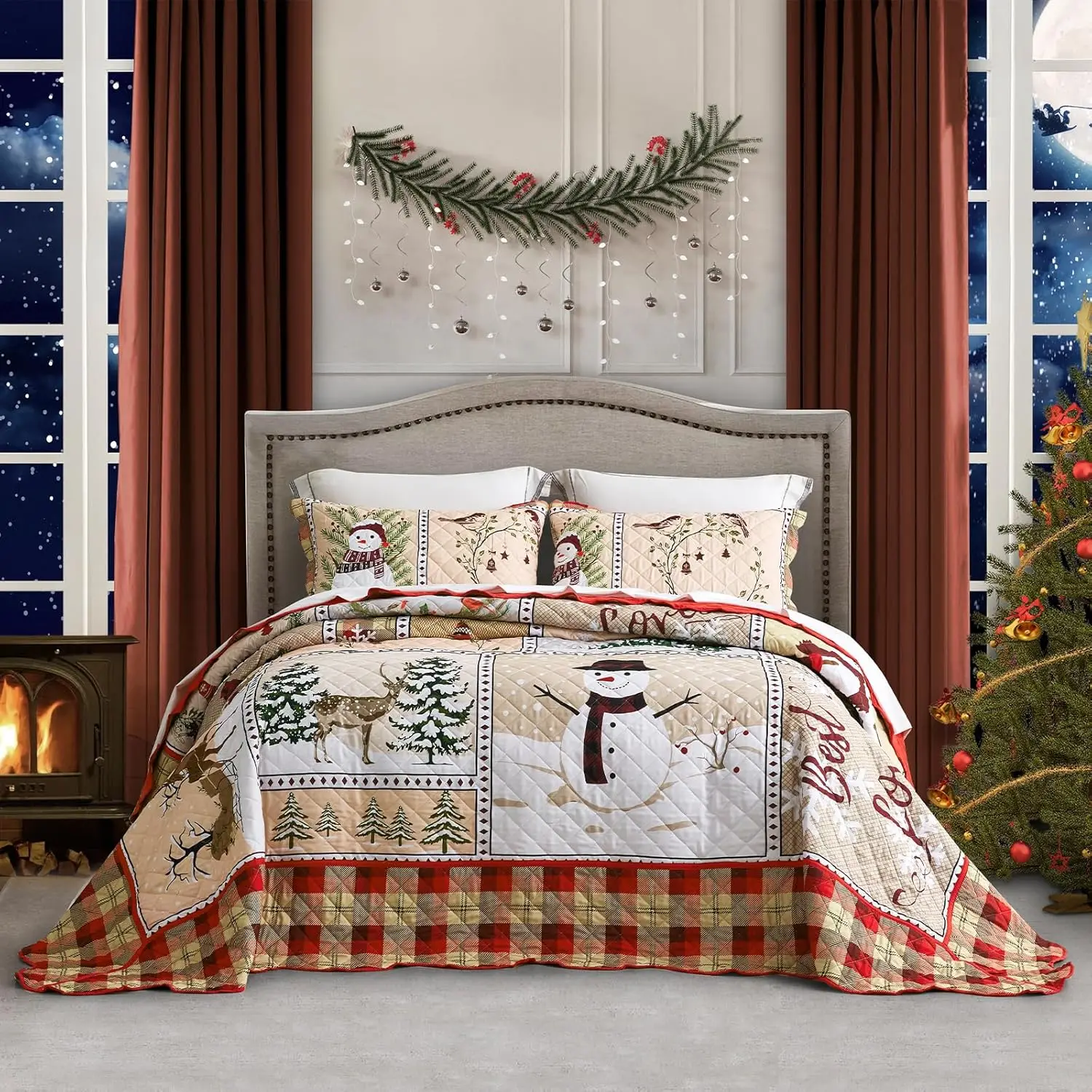 

Oversized King Size Christmas Bedspread with Snowman Pattern, Lightweight Microfiber Quilt Set for Winter Decor
