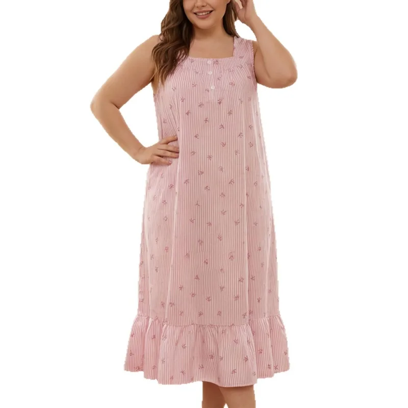 Plus Size Printed Pajamas Women's Summer Sleeveless Ruffle Hem Long Nightgown Bubble Crepe Button Square Collar Loose Loungewear