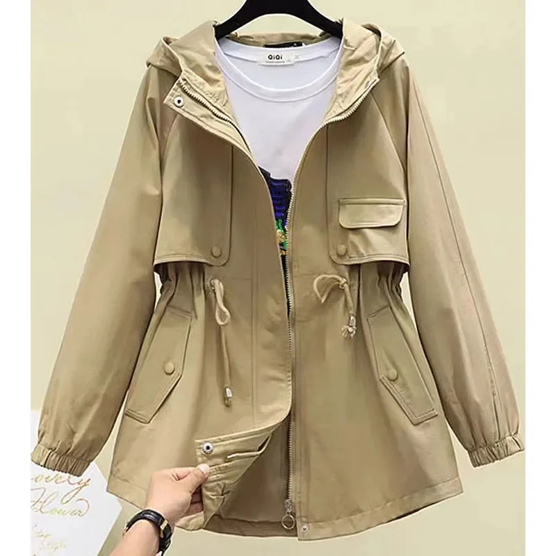 Spring Autumn Trench Coat Hooded Zipper Windbreaker Loose Casual Windproof Jacket Overcoat 2025 New Female Coats Outwear