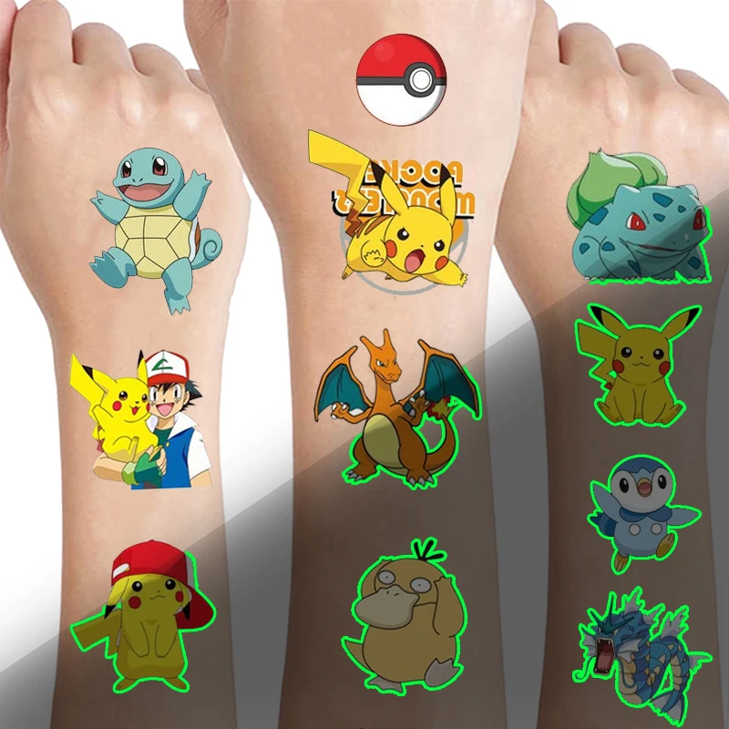 Tatouages ​​lumineux Pokemon pour enfants, autocollants de tatouages ​​temporaires de style Pikachu, fournitures de fête lumineuses pour garçons et filles, cadeaux pour enfants