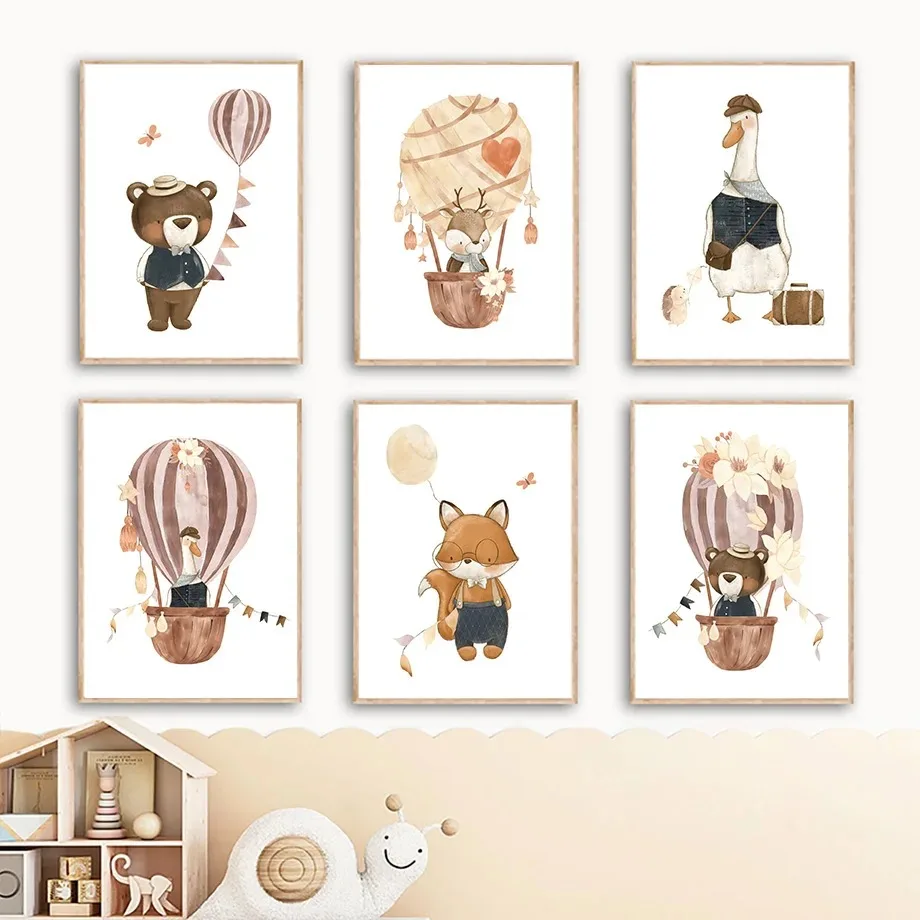 Boho Cartoon Bear Fox Goose Deer Hot Air Balloon Wall Art Canvas Painting Posters And Prints Pictures For Baby Kids Room Decor