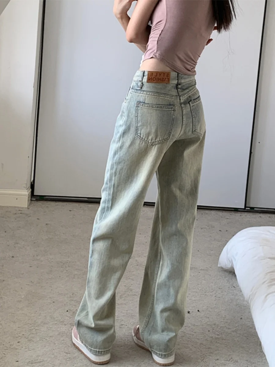 Retro High Street Yellow Clay Skinny Wide Leg Jeans Women Light Color Loose Straight High Waist Draping Floor-Length Pants