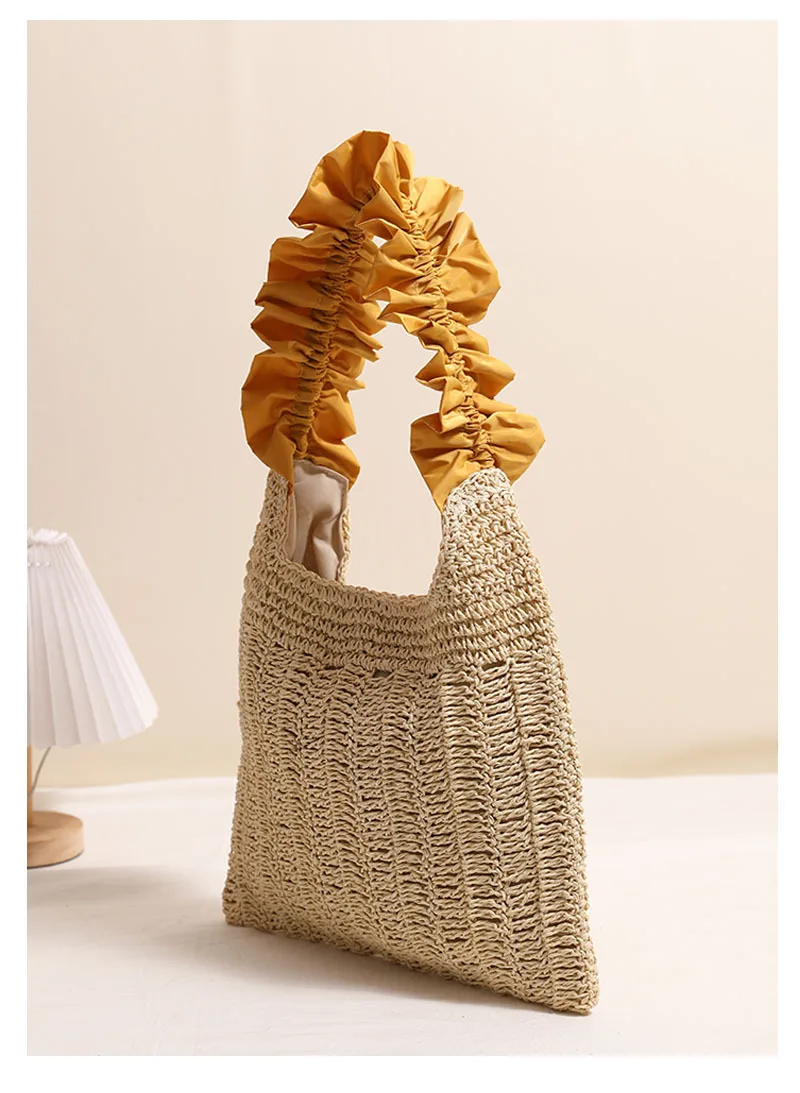 Tas Anyaman Jerami dengan Ruffle, Tas Selempang Warna Solid Model Terbaru, Tas Pantai Liburan, Tas Bahu Wanita, Tas Tangan Wanita Unik