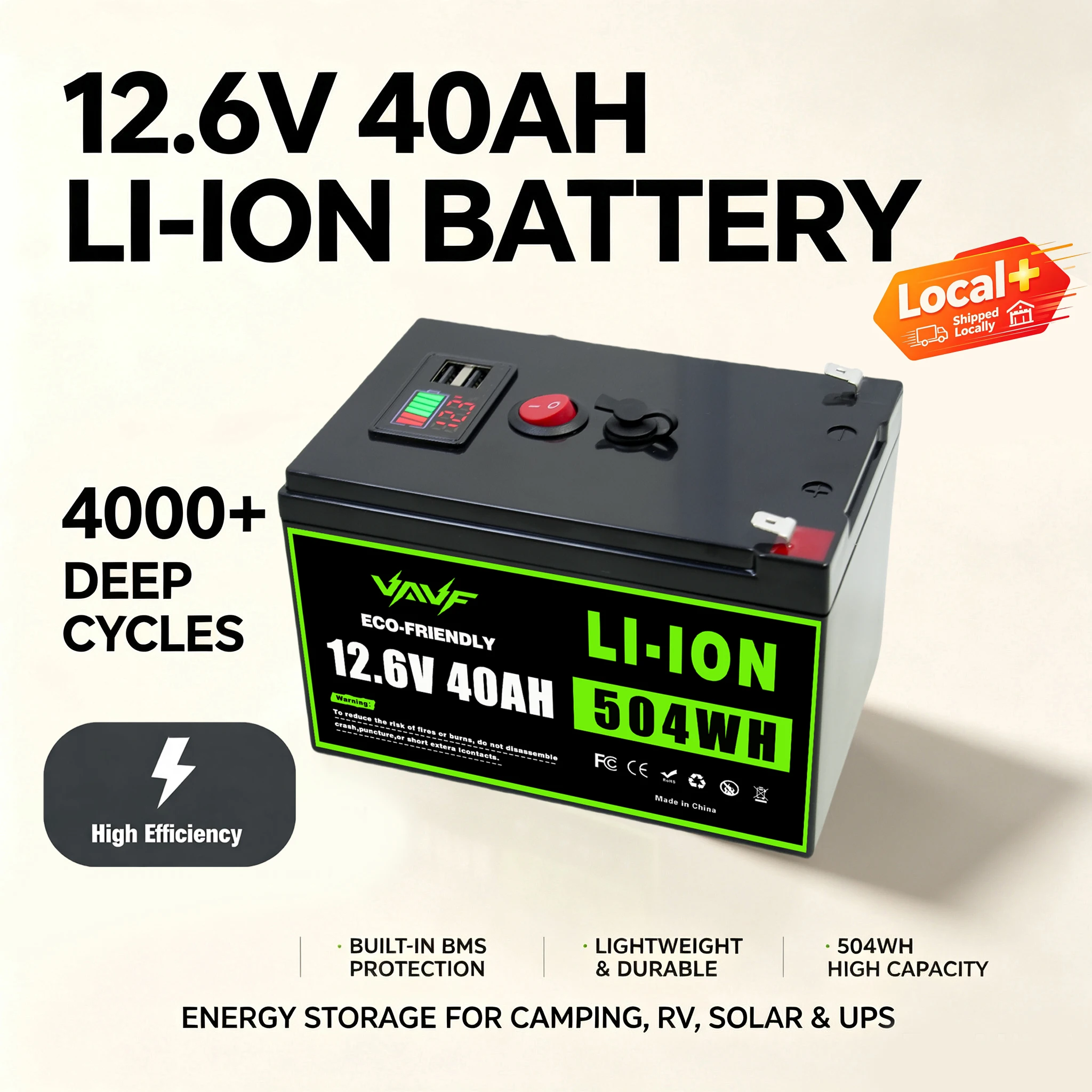 Local+ 12,6V 40000mAh Wiederaufladbarer Lithium-Ionen-Akku EU Übersee-Lager Hohe Zyklenlebensdauer Speicherbatterie für Outdoor-Solarsysteme, Wohnwagen, Wohnmobile, Marine-Überwachungsausrüstung