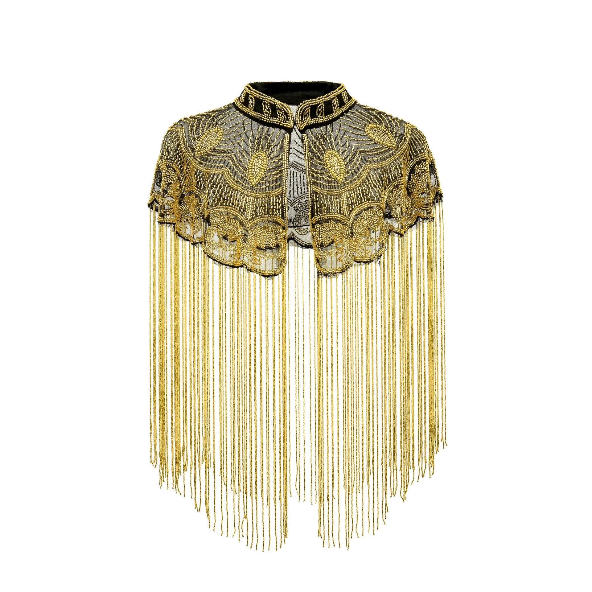 Women Heavy Hand Beaded Sequins Tassel Cape Shawl Stand Collar Mesh Shoulder Wrap Evening Banquet Wedding Prom Formal Dress Bole