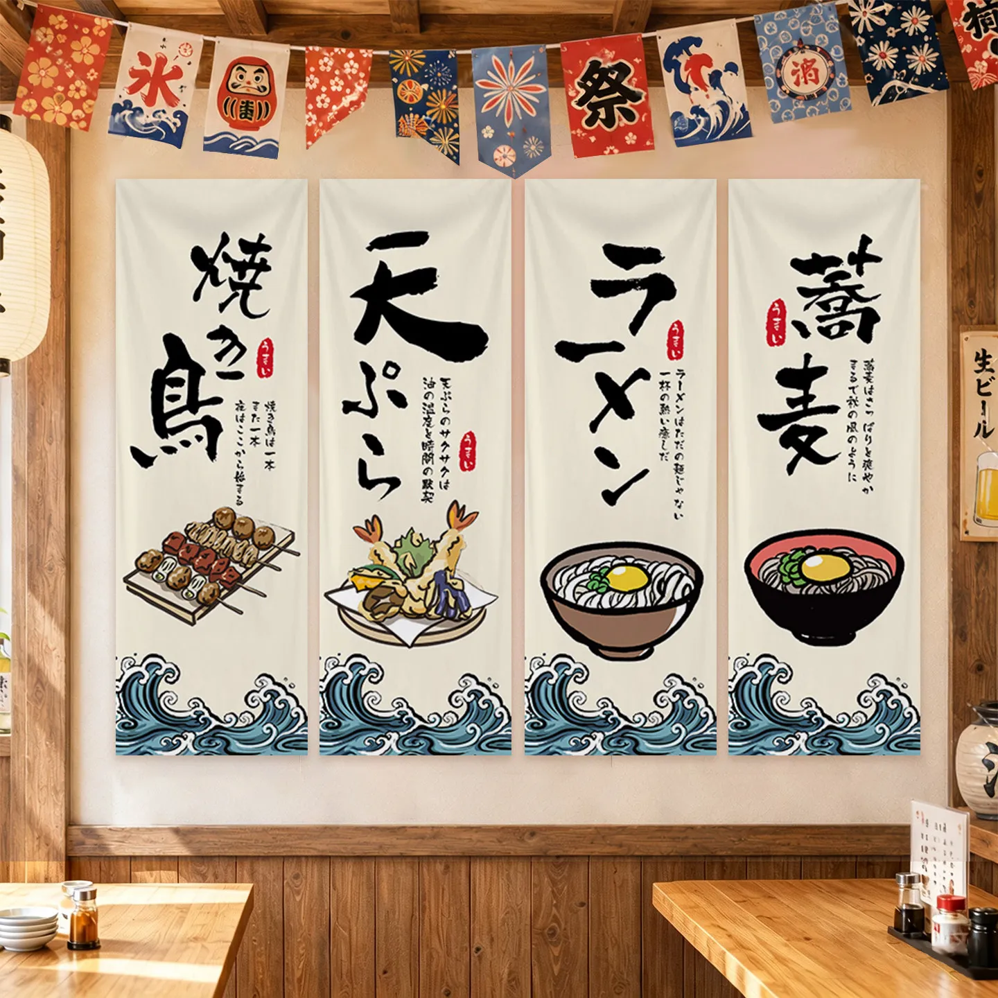 Japanese Izakaya Style Hanging Cloth Roasted Bird Sushi Atmosphere Wall Decoration Banner for Restaurant Ramen Shop Background