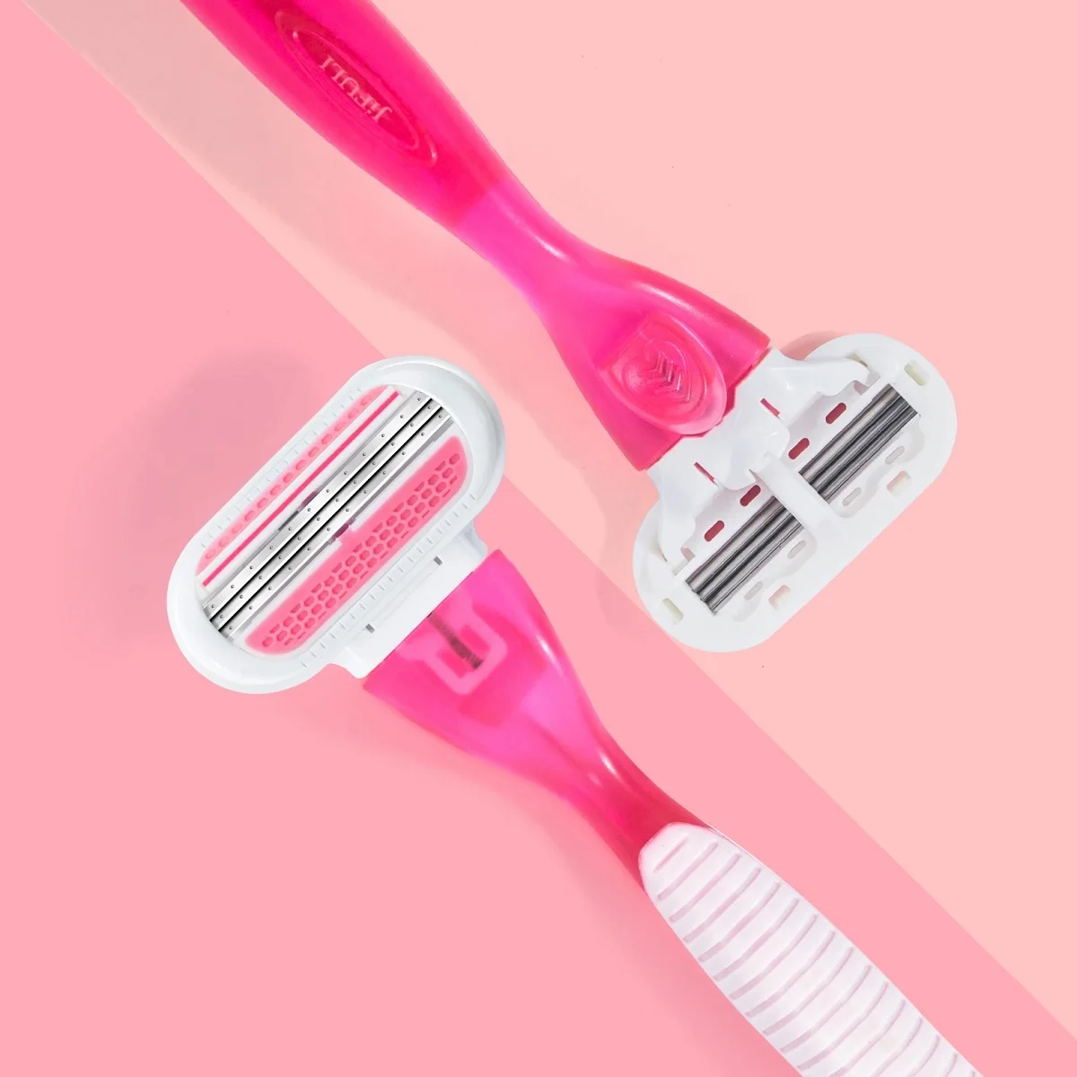 ماكينة حلاقة يدوية آمنة للنساء، ماكينة حلاقة مكونة من 3 طبقات من الفولاذ المقاوم للصدأ، رأس ماكينة حلاقة قابلة للاستبدال #4