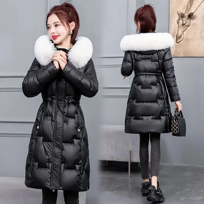 2023 New Winter Jacket Women Parkas Glossy Snow Wear Coat Fashion Female Hooded Fur Collar Parka Long Windproof Overcoat