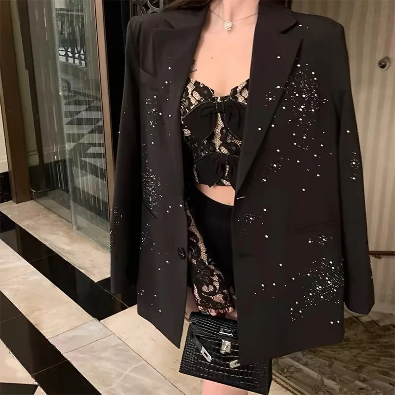 Spring Autumn black Blazer Shiny Silk Loose Diamond Studded Suit Jacket For Women Nail Diamond Waist Cinching Coat