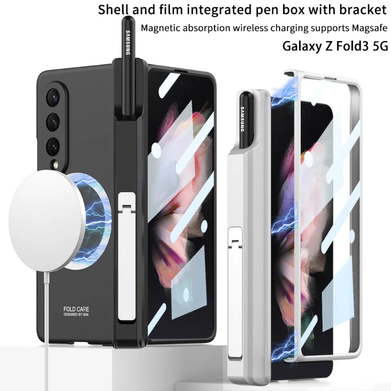 

For Samsung Z Fold 3 Case for Magsafe Wireless Charging Tempered Glass Shockproof Cover for Galaxy Z Fold3 Case with Stand