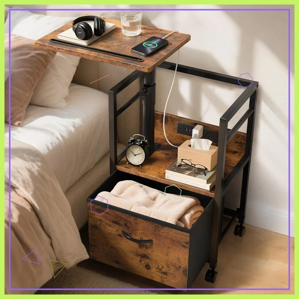 

360° Swivel Lift Top Nightstand with Charging Station, Adjustable Height Rolling Side Table with Locking Wheels