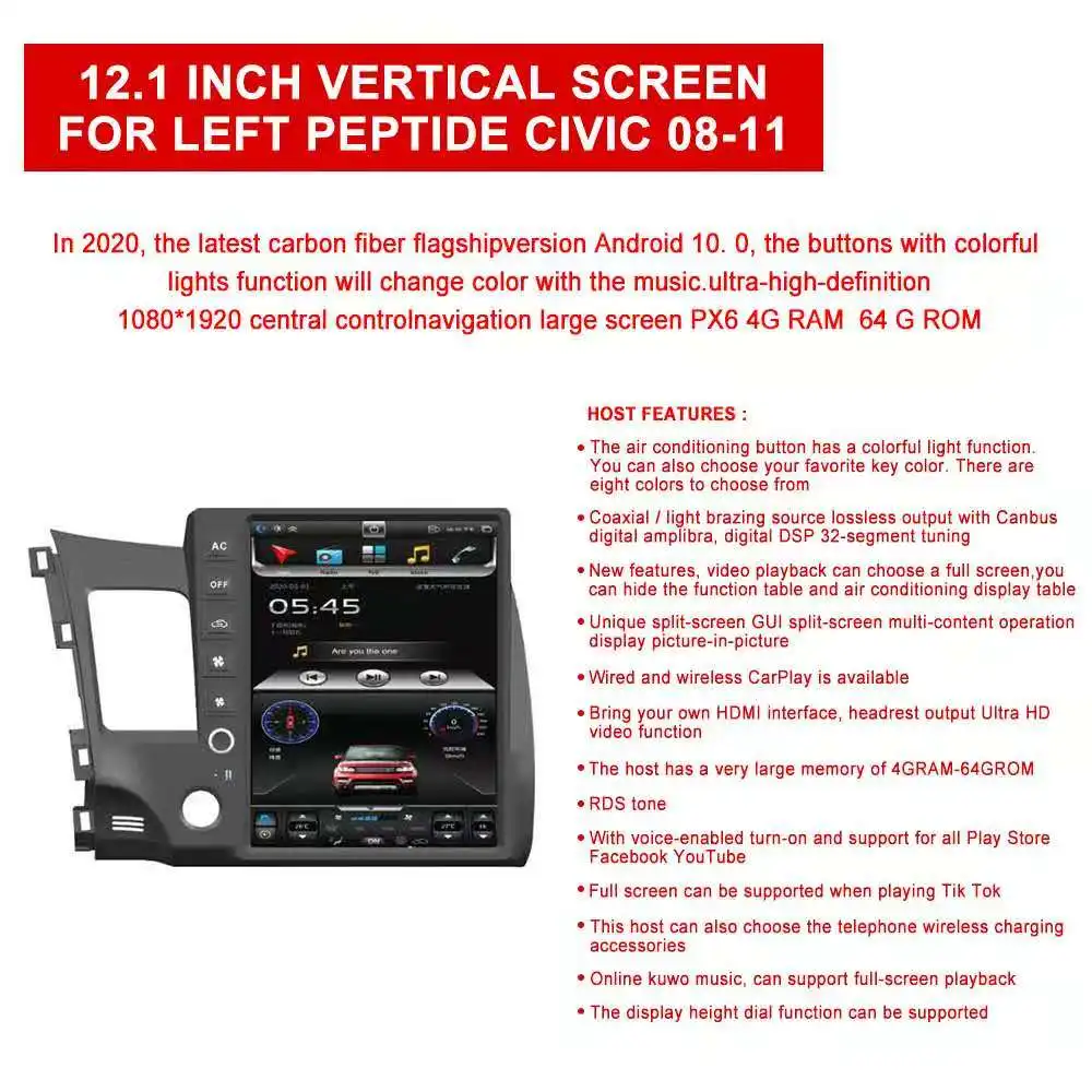 Ekran Tesla Octa Core 4 ГБ ОЗУ 64 ГБ ПЗУ Android 10.0 Автомобильный DVD GPS-плеер Deckless Автомобильная стереосистема для Honda Civic 2004-2011 Радио