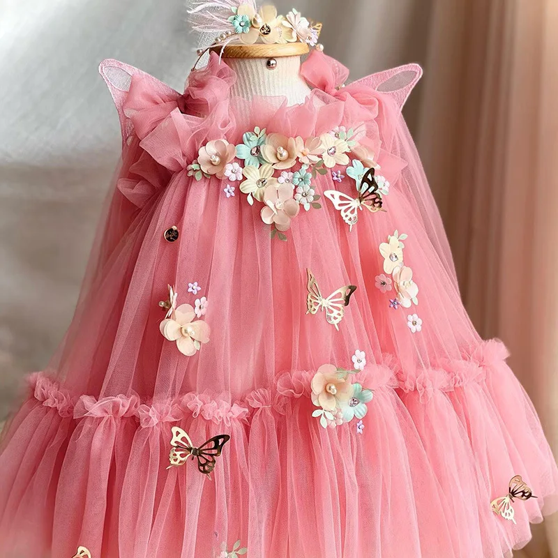 

Girls Dress 2024 New Flower Mesh Fluffy Yarn Baby Butterfly Wings Princess Dress Boutique Clothes