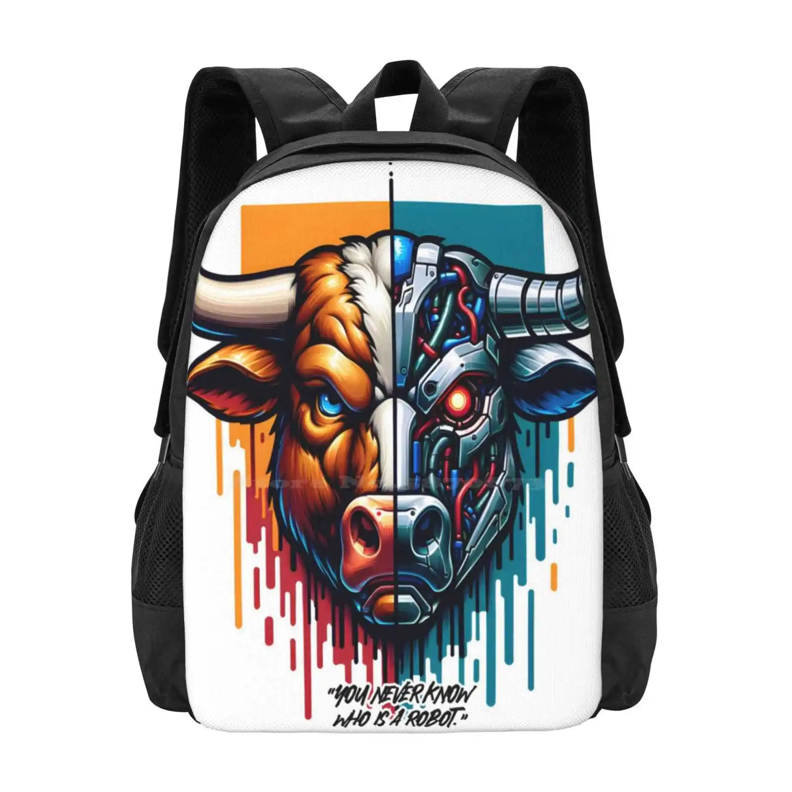 You Never Know, Bull Is A Robot. T-Shirt Hot Sale Schoolbag Backpack Fashion Bags Cybernetic Bull Mechanical Bovine Futuristic