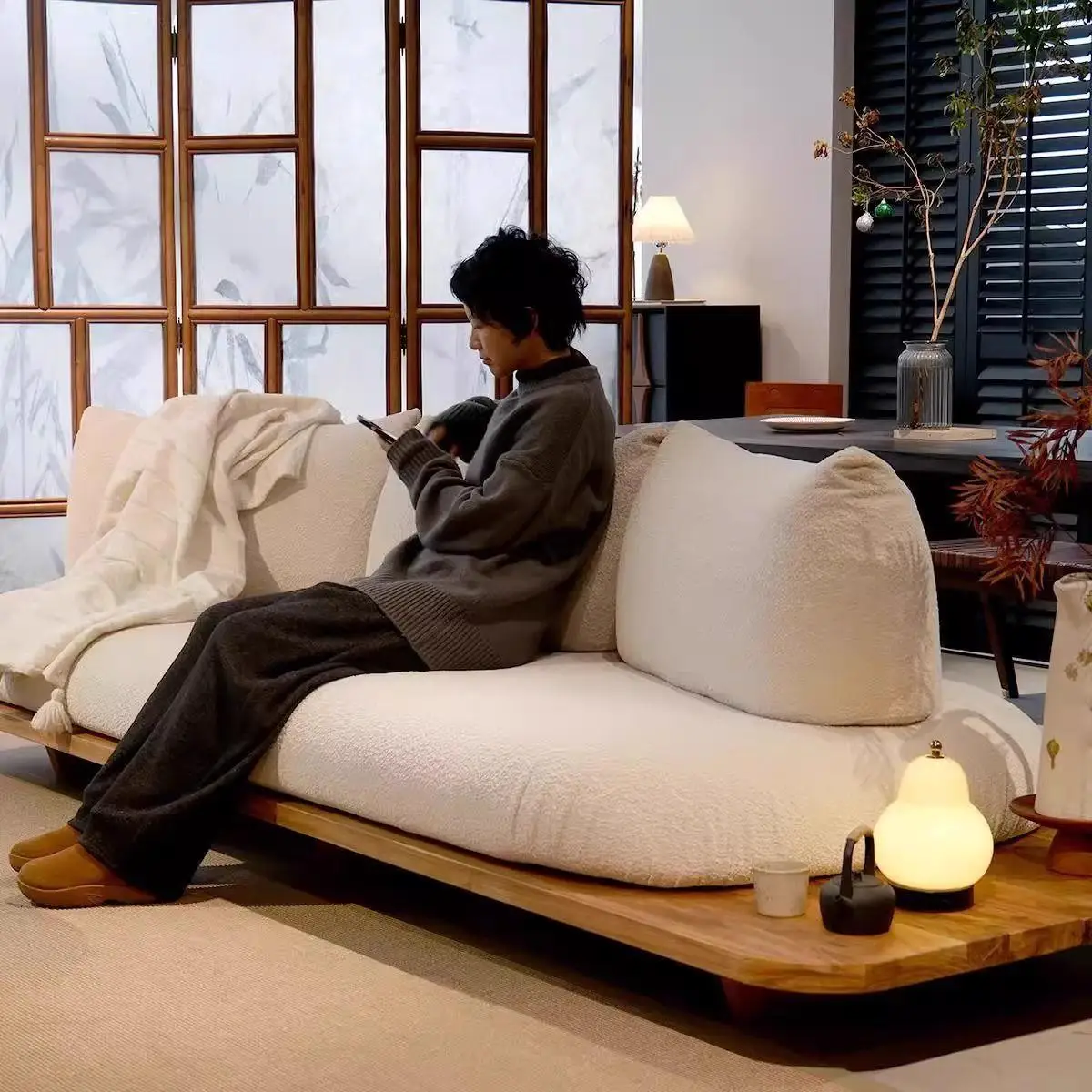 Log sofa Solid wood small apartment B & B living room Granular velvet high rebound