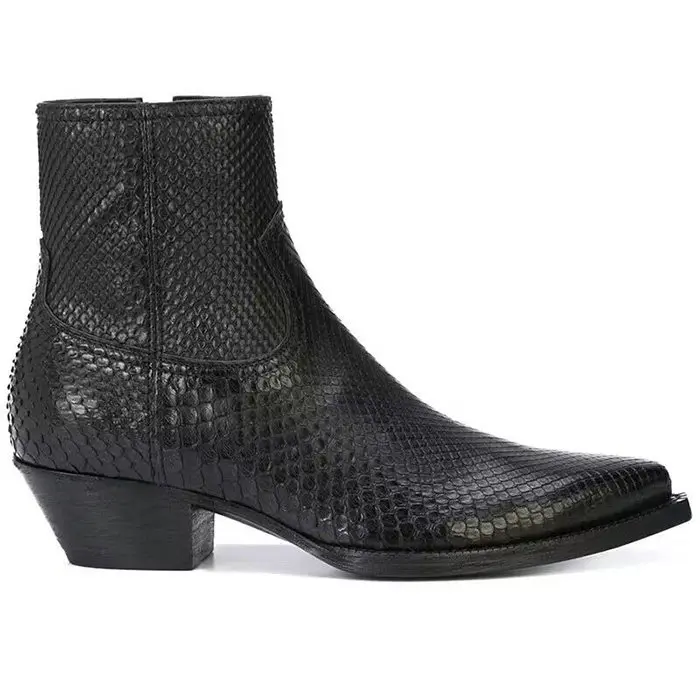 Mens Snake Print Western Ankle Boots Genuine Leather Pointed Toe Cuban Heel Zipper Closure Casual Streetwear Footwear for Men