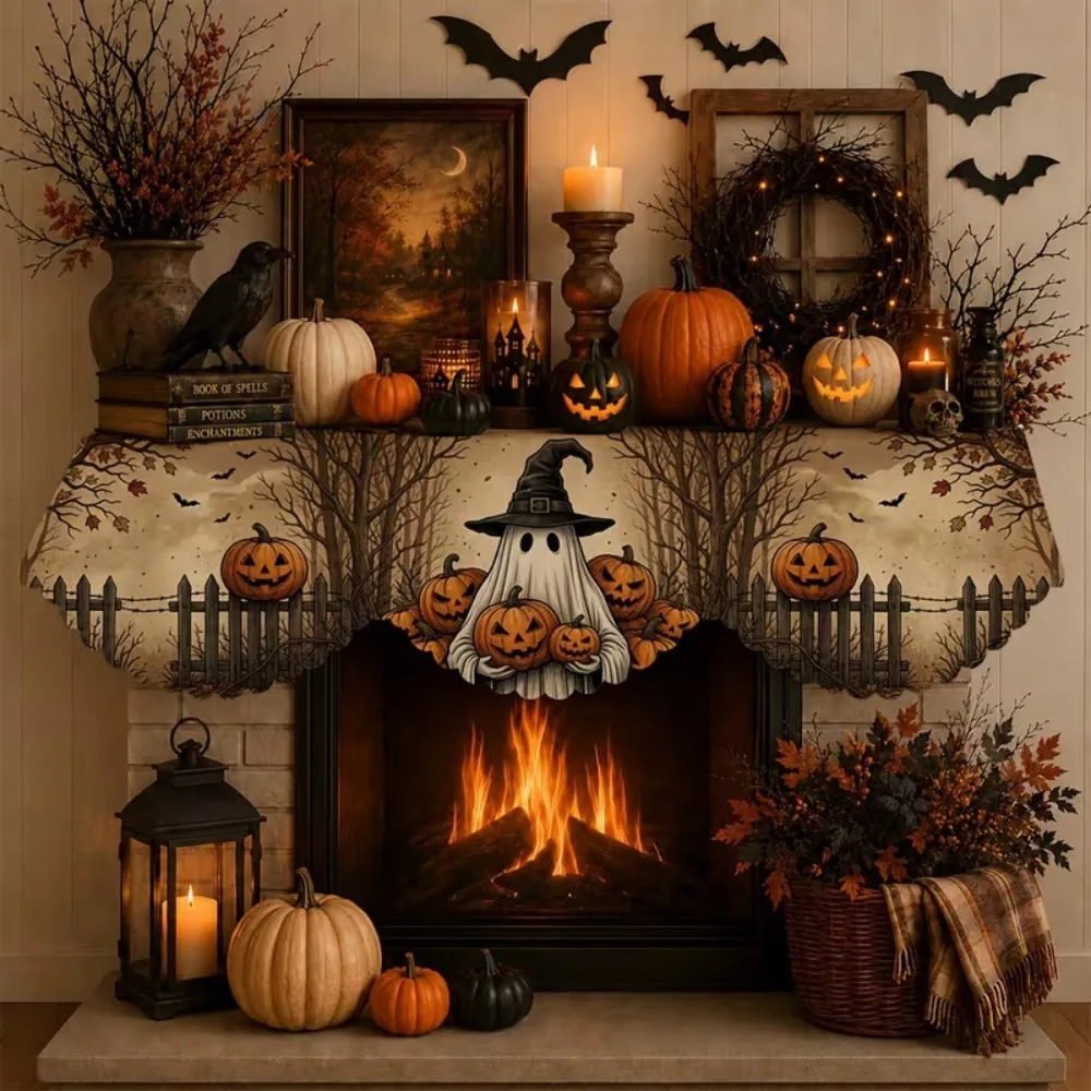 Scalloped Edge Halloween Mantel Scarf Haunted House Country-Style Spooky Fireplace Topper Cute Ghost Pumpkin Theme