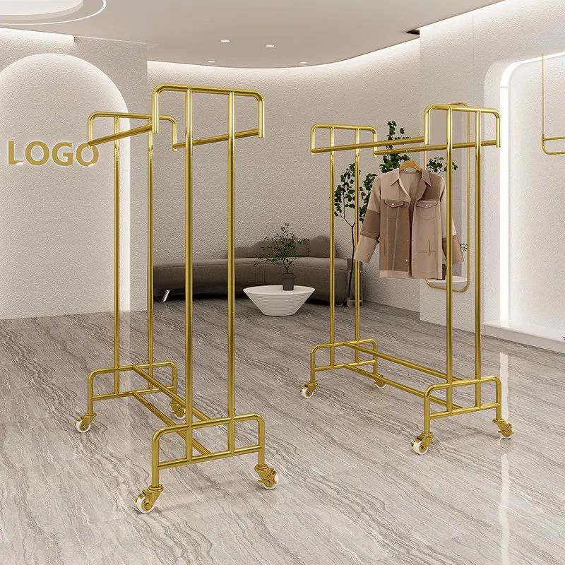 Clothing store display rack Floor-to-ceiling stainless steel titanium gold hanging clothes rack Women's clothing store display