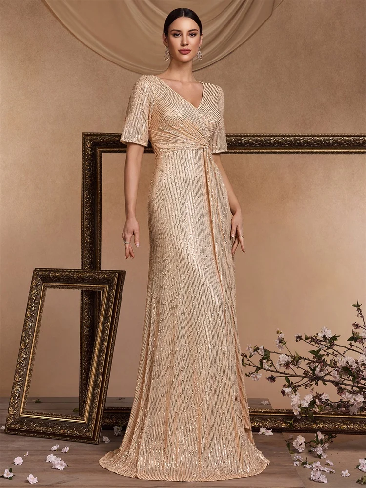 BLUEPLUM Luxury Floor Length V-Neck Gold Evening Dress Women Elegant Party Maxi Dress Sequin Short Sleeves Prom Cocktail Gowns