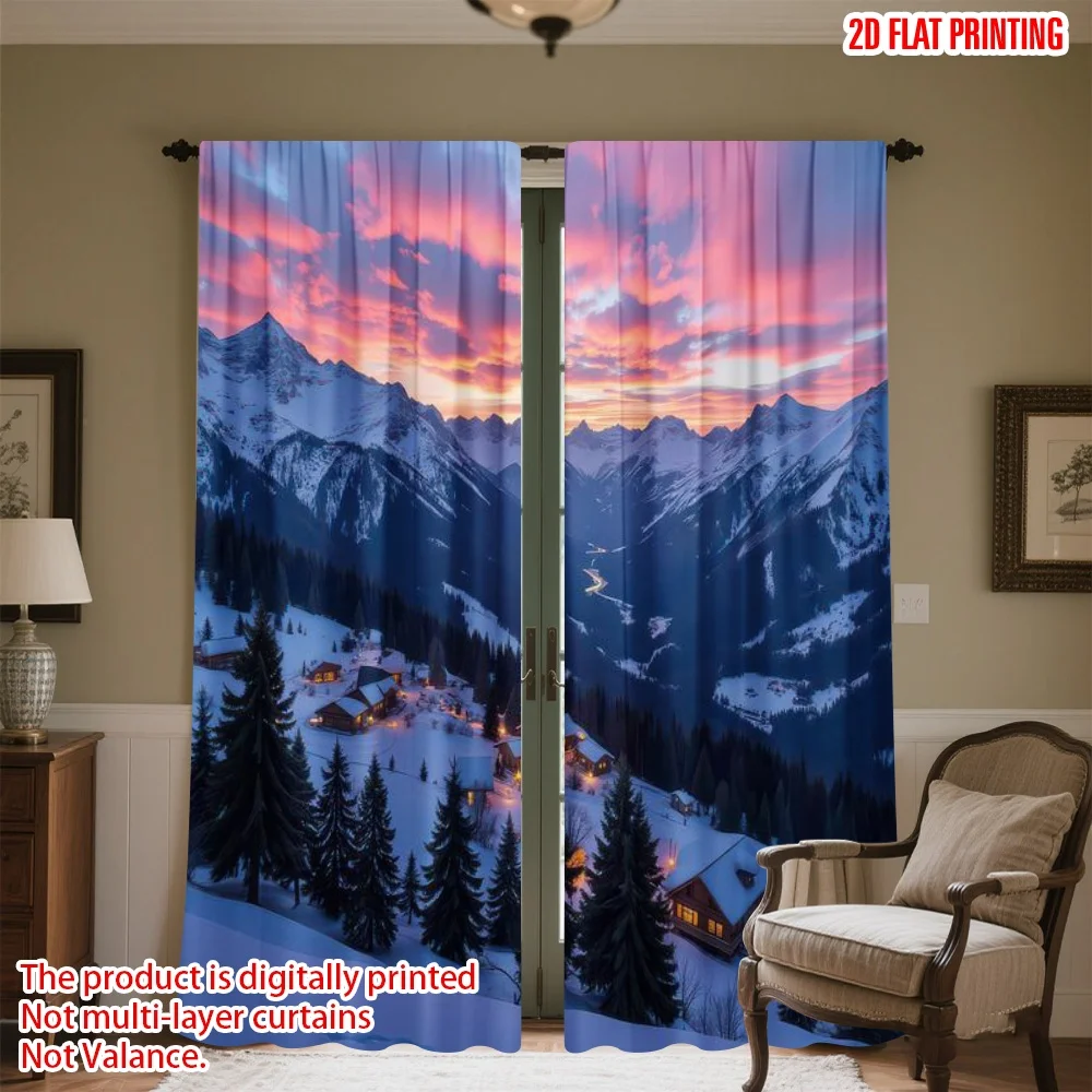 

2D flat printing 2pcs Window Treatment Curtains Winter Sunset Over Village Digital Printed Polyester Drapes All Season Party &