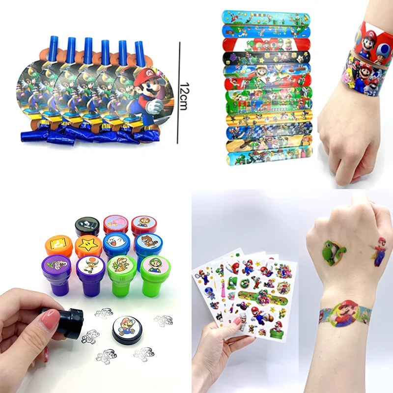 Mario Bros Wrist Strap Kids Water Transfer Tattoo Sticker Blow Dragon Whistle Children Signet Toys Birthday Gift Party Props