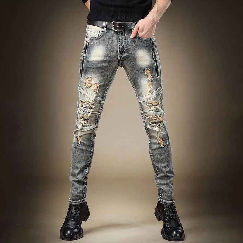 

Fashion Harajuku Cotton Luxury Men's Slim Fit Vintage Ripped Jeans Stylish Skinny Distressed Biker Retro Casual Denim Pants Male