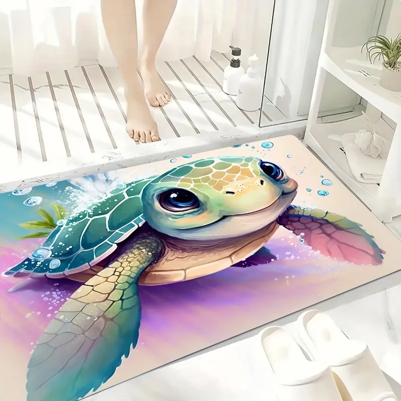 1pc Cute Turtle Floor Mat Ocean Bathroom Water Absorbing Anti-skid Children\'s Bath Rugs Floor Toilet Bath Linen Bathroom Decor