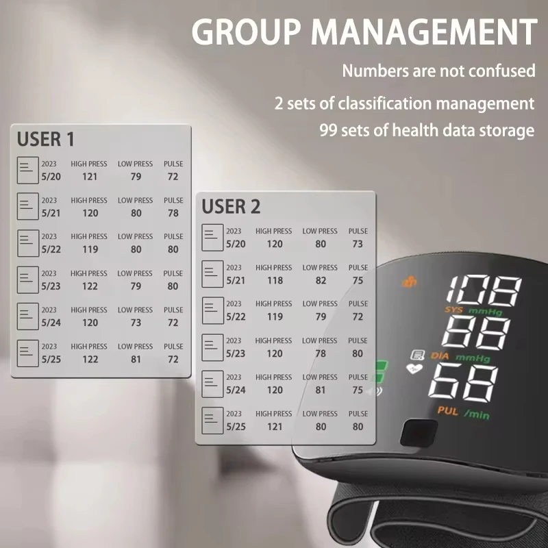 ABX LED ekran bilek kan basıncı monitörü İngilizce sesli yayın şarj edilebilir kan basıncı ölçüm cihazı ölçümü