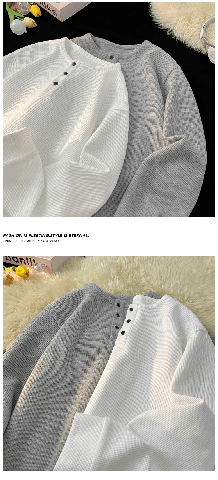 Herren Casual Loose-Fit Waffelstrick Henley T-Shirt Langarm mit 3-Knopf-Placket für den Alltag – Detail 4