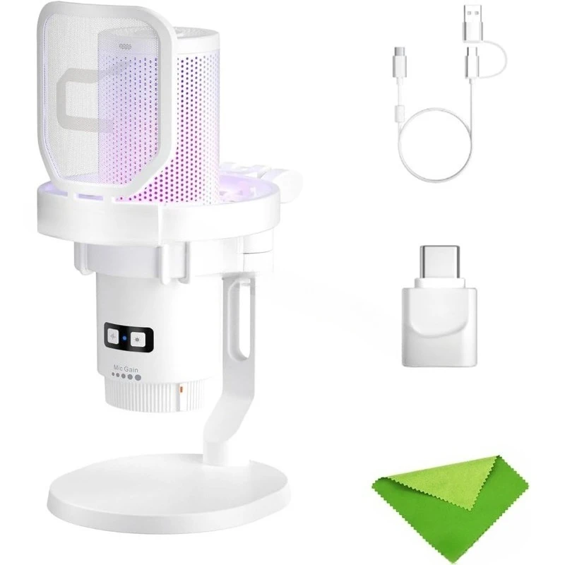 

EJoy Uni Pro (A)-Wireless White Microphone for Computer and Smartphone,48Khz/24Bit RGB Cardioid Condenser Gaming Mic