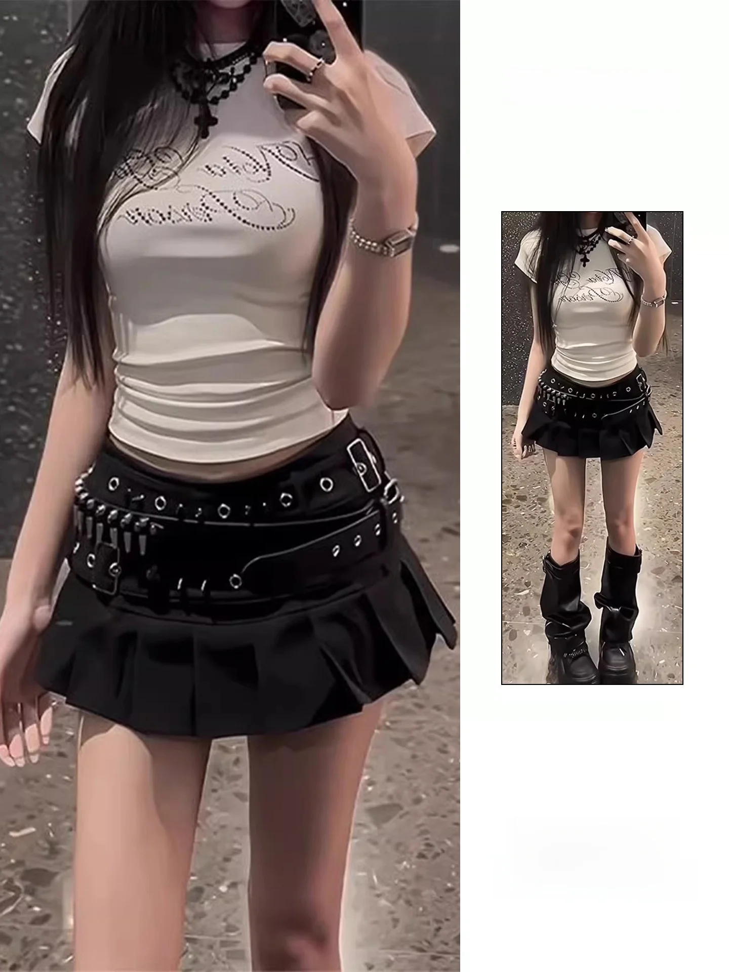 Heavy Embellished Low Waist Short Skirt for Women Black Rivet Pure Desire Spring Autumn Miniature Anti Exposure Pleated Half ...