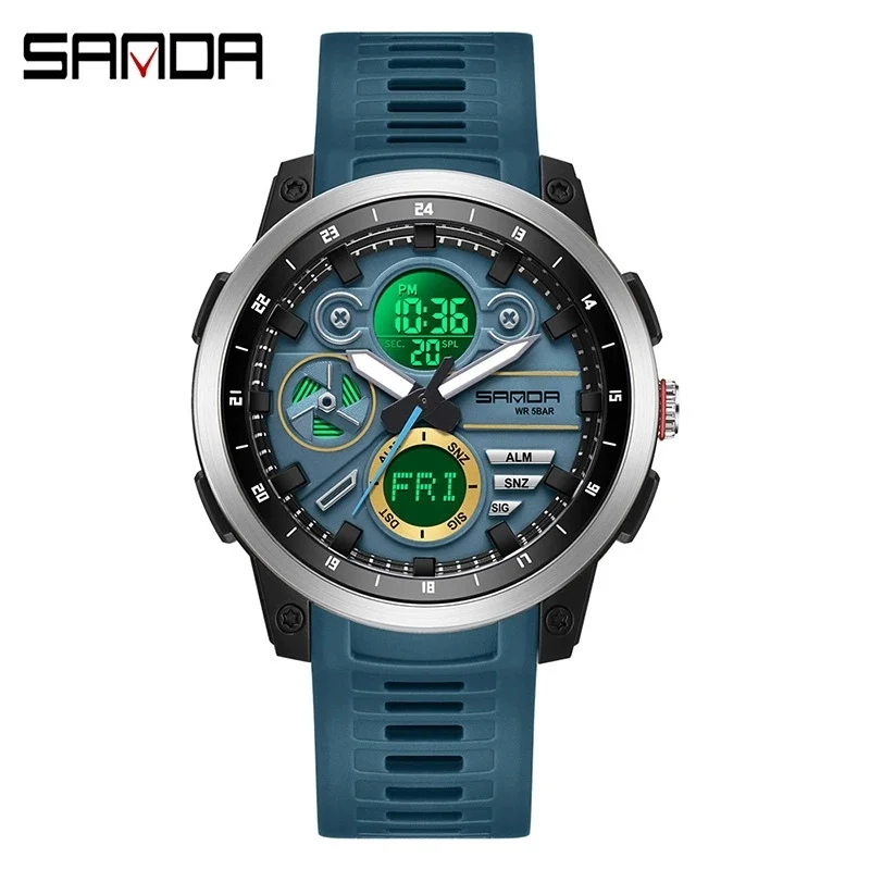 SANDA 3379 ساعة إلكترونية للرجال للترفيه والأزياء شاشة مزدوجة رياضية مقاومة للماء ضوء ليلي ساعة إلكترونية إبداعية للرجال