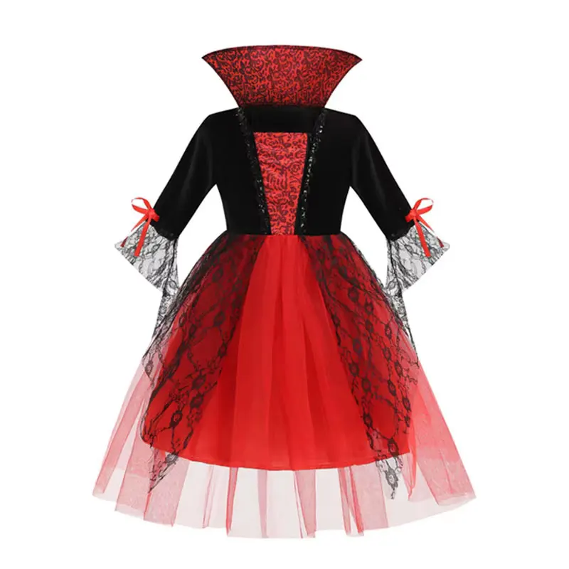 Vampir-Halloween-Kostüm für Mädchen, schwarz-rotes Spitzen-Tüllkleid, Gothic-Stil mit Stehkragen, Hexen-Cosplay, Karneval, ausgefallenes Partykleid – Detail 2