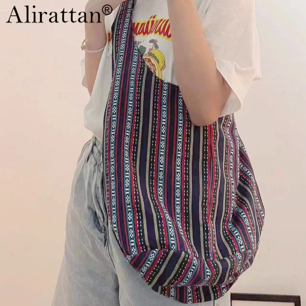 

Alirattan 2026, новая женская ручная хлопково-льняная парусиновая жаккардовая повседневная сумка на одно плечо в стиле ретро