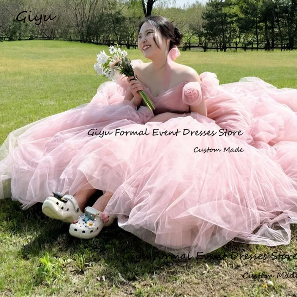 

Giyu Pink 3D Flowers Korea Wedding Dress Photo Shoot Draped Floor-Length Black Belt Vestidos De Novias 2024 Evening Gown Dress