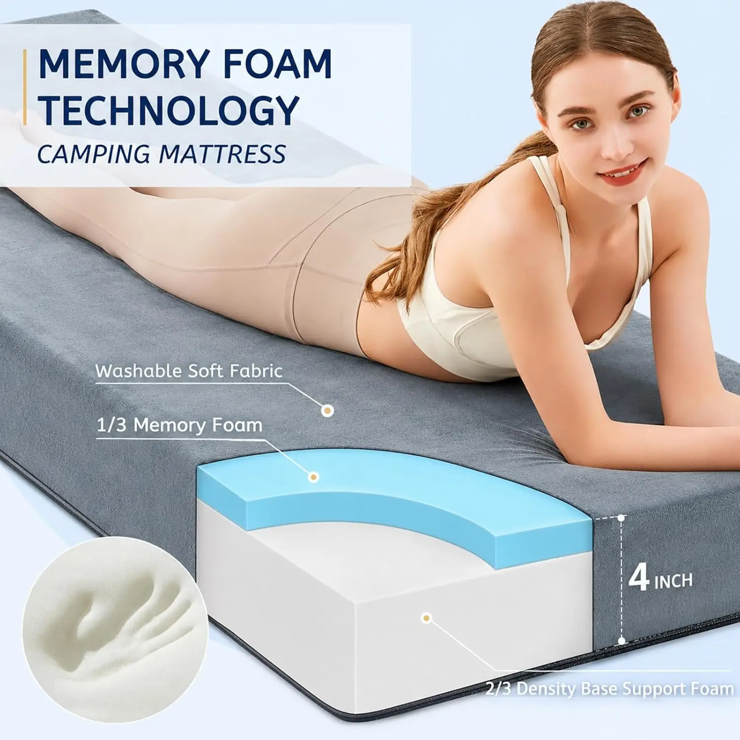 Memory Foam Camping Mattress Pad: Portable Car Sleeping Pad | Roll Up Floor Mattress for Camping Cot Tent Truck Travel