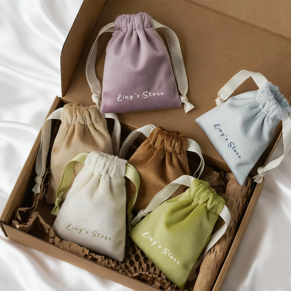 

100pcs Personalized Logo Soft Velvet Ribbon Pouch for Jewelry Customized Logo Drawstring Velvet Dust Gift Cosmetic Packaging Bag