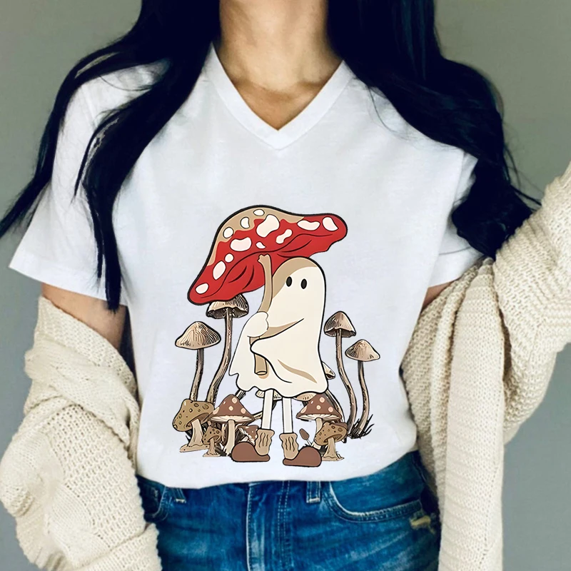 Cute Ghost Mushroom Graphic T Shirts Women Cute Ghost Fashion Essential Short Sleeve T-shirt Funny Mushroom Print Summer T-shirt