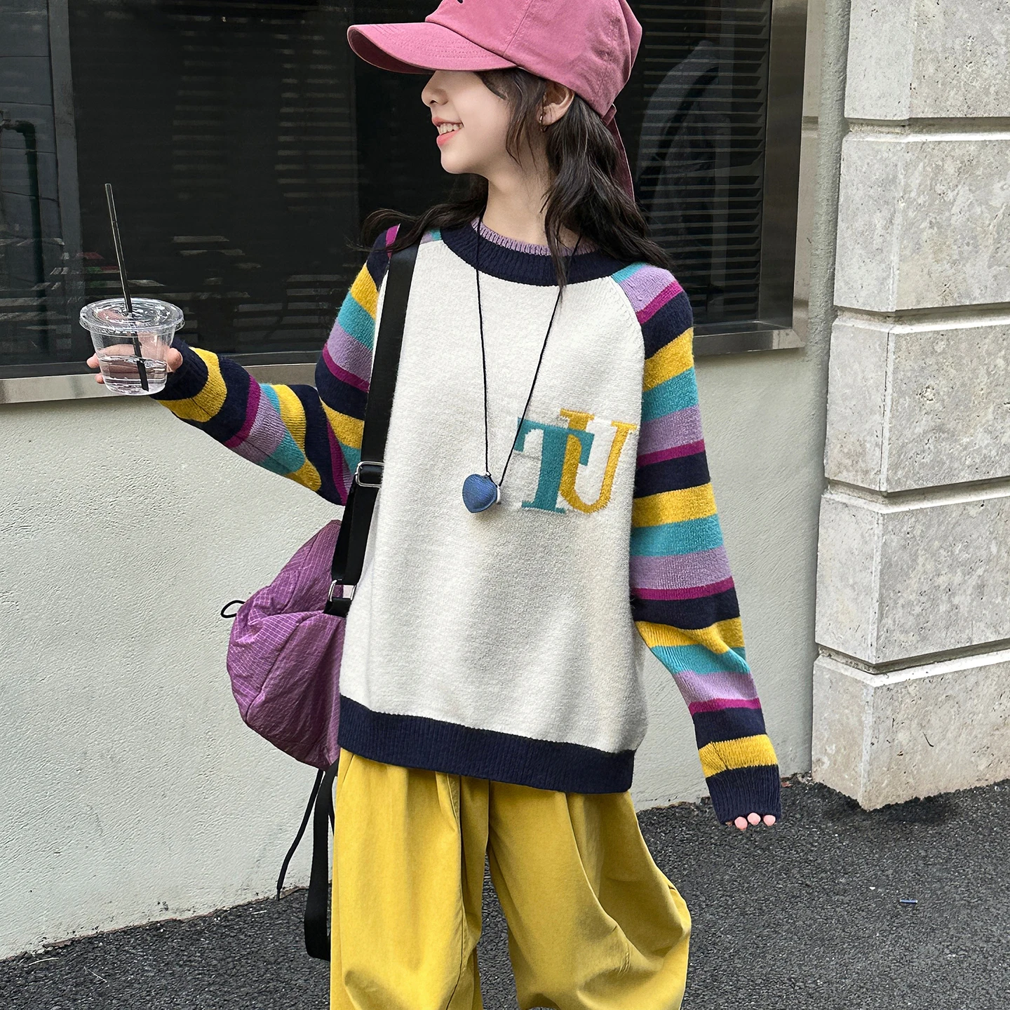 New Arrivals Children's Sweater for Kids Girl Fashion Splicing color striped sleeves cartoon rabbit sweaters Loose Knitwear Tops