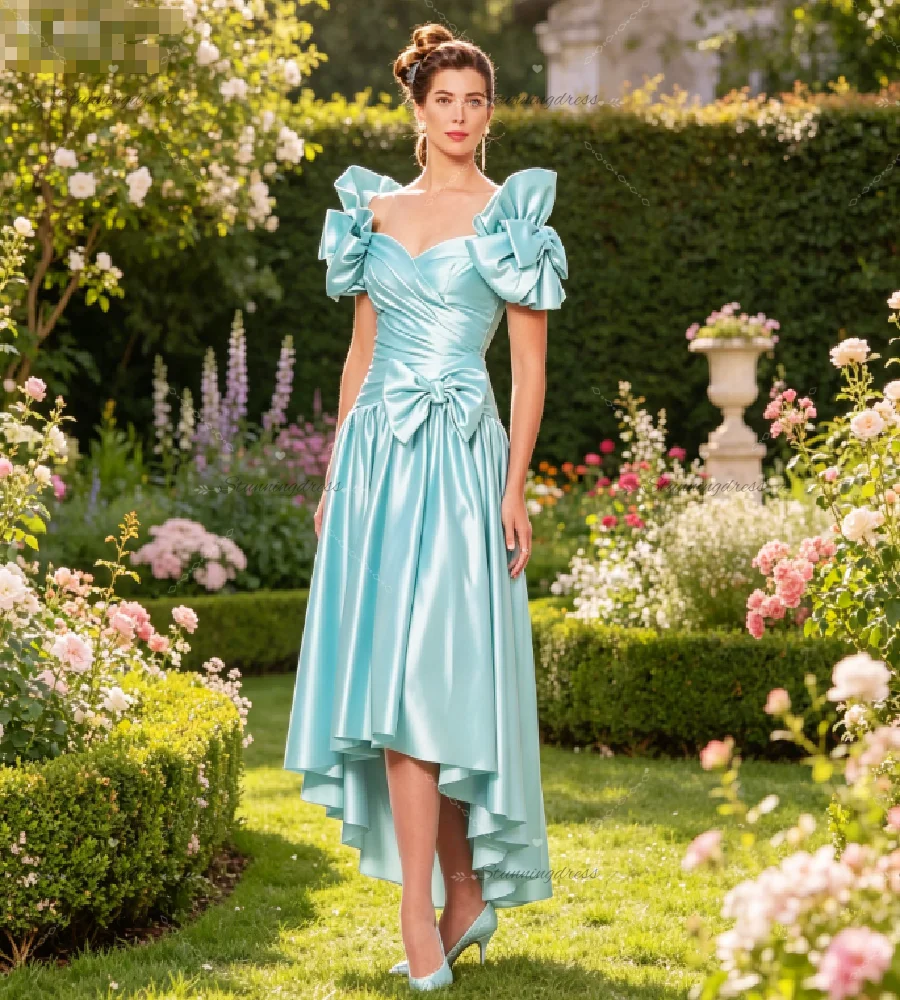 

Vintage Tiffany Blue 80s Prom Dresses 2026 Off-Shoulder Hi Low Evening Dress Tea Length Short Cocktail Party Gowns With Bow