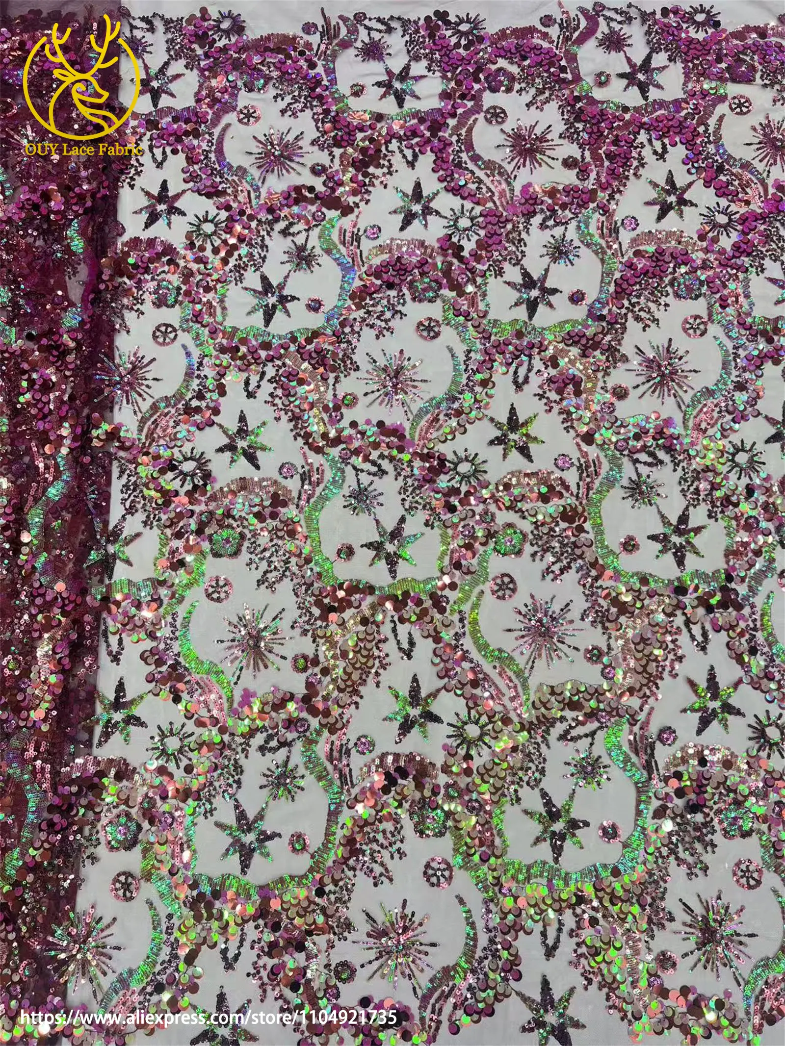 Hochwertiger afrikanischer nigerianischer bunter Pailletten-Stickerei-Spitzenstoff, zartes Kleid, Nähen, Brautparty, Dinnerparty, Hochzeit – Detail 6