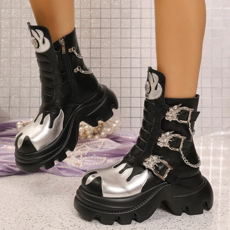 Women's Punk Style Color-blocking Thick-soled Mid-calf Boots 2026 New Spring and Autumn Chain Decoration Versatile Fashion Boots