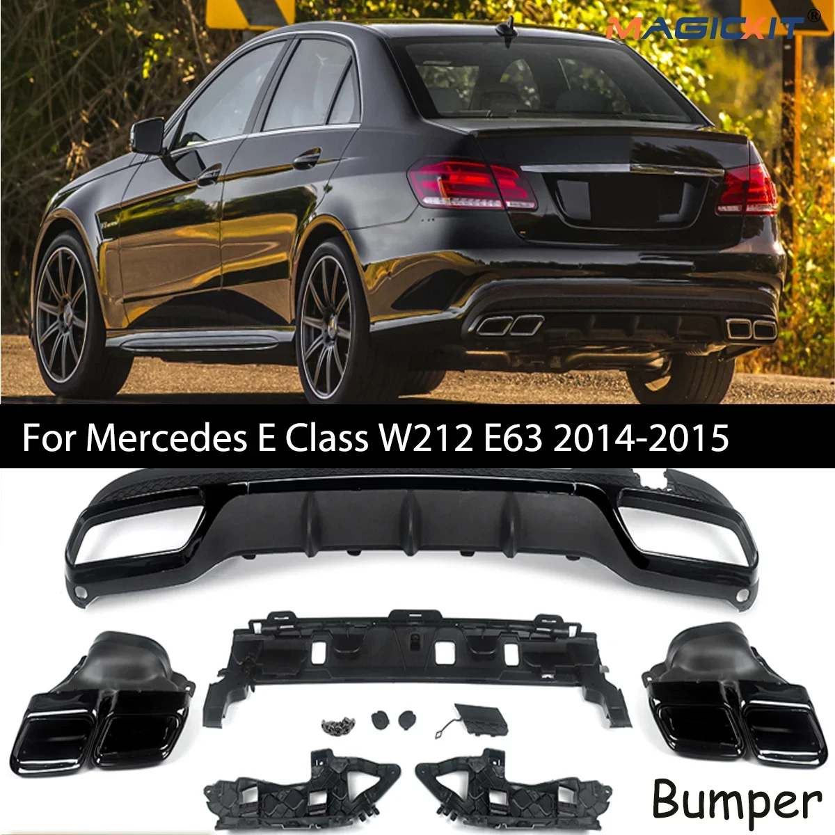 

For Mercedes E Class W212 E63 2014-2015 Rear Diffuser E63 AMG Look+Exhaust Tips car acessorios Black Bumper