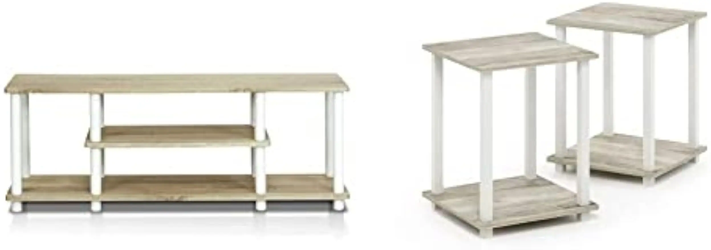 

3-Tier No-Tools TV Stand for 50" TVs with Round Tubes + 2 End Tables, Turn-N-Tube Design, Sonoma Oak/White, Simple Assembly