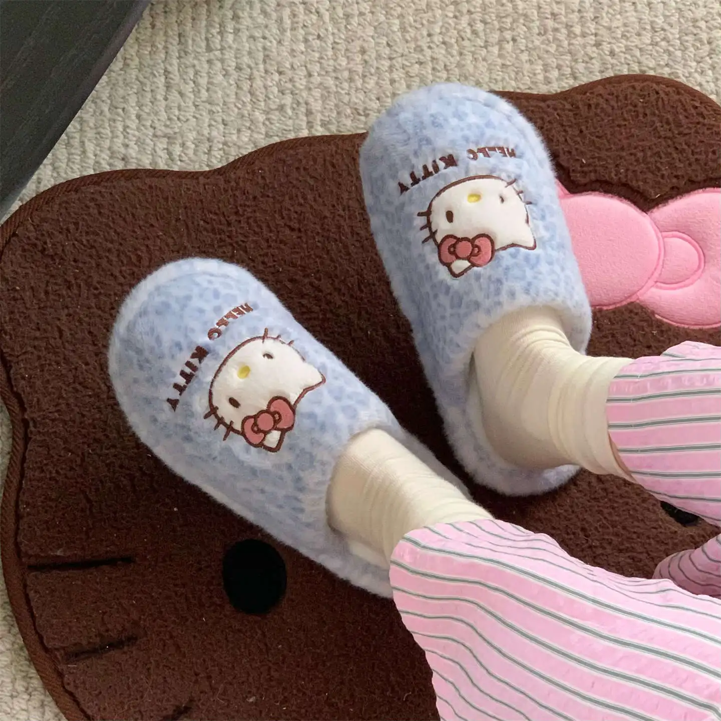 

Anime Hello Kitty Cotton Slippers Ins Women's Fall Winter Indoor Thick Sole Warm Fleece Lined Fur Shoes Non Slip Cotton Shoes