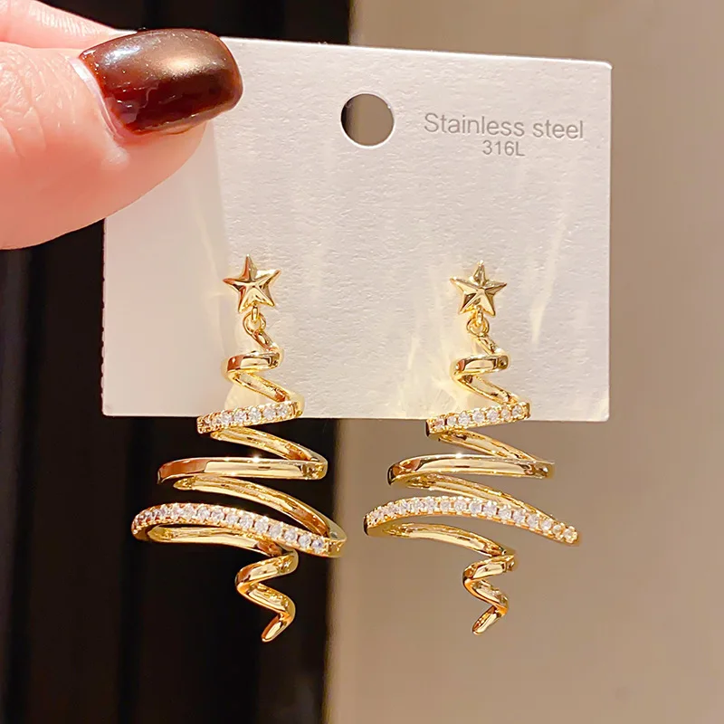 Kreative goldene Linien-Weihnachtsbaum-Ohrhänger für Damen, modische Stern-Ohrringe, Accessoires, Schmuck, Mädchen-Geschenke, Party, Freizeitkleidung – Detail 13