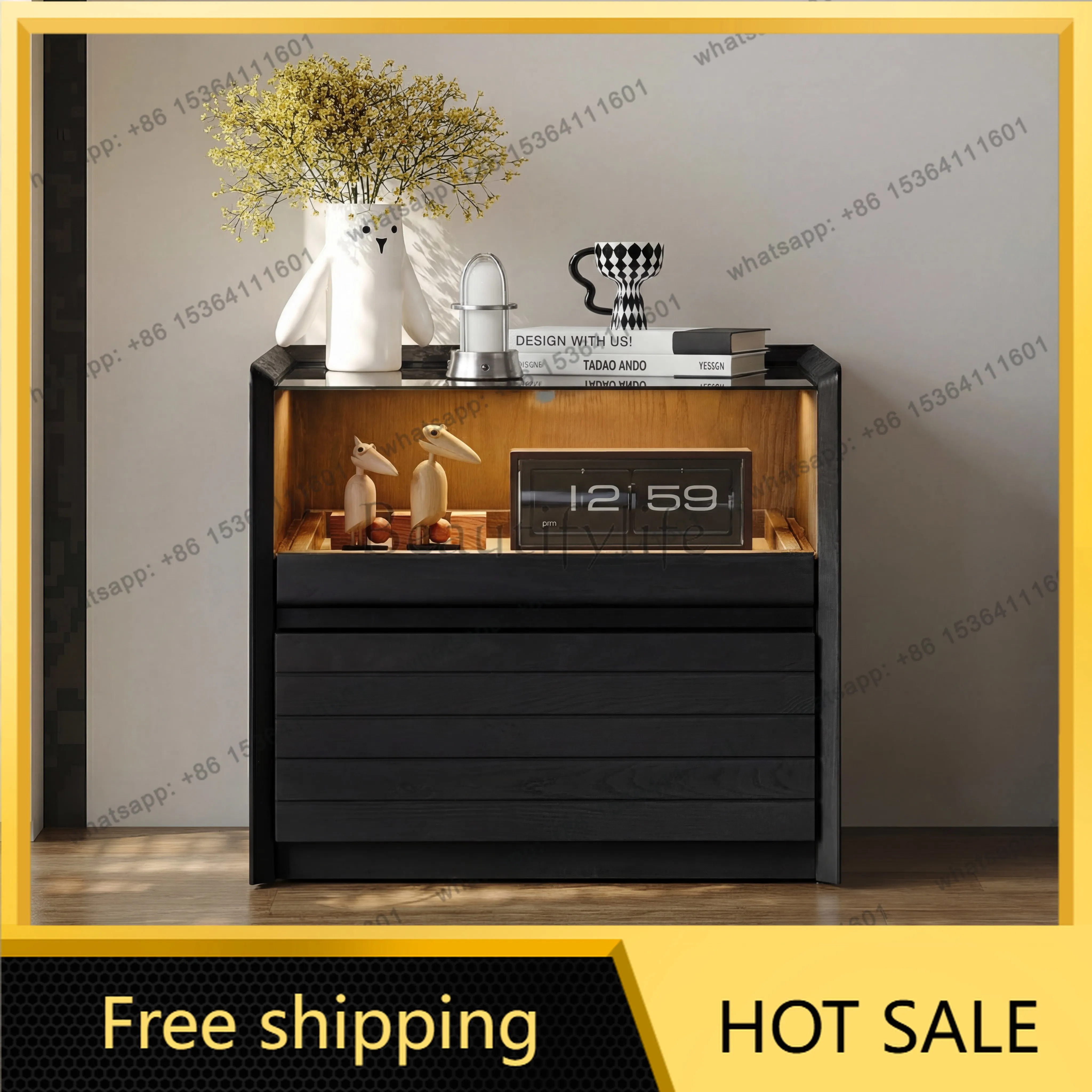 PG solid wood smart bedside table designer medieval style sensor light wireless charging household bedroom storage side cabinet